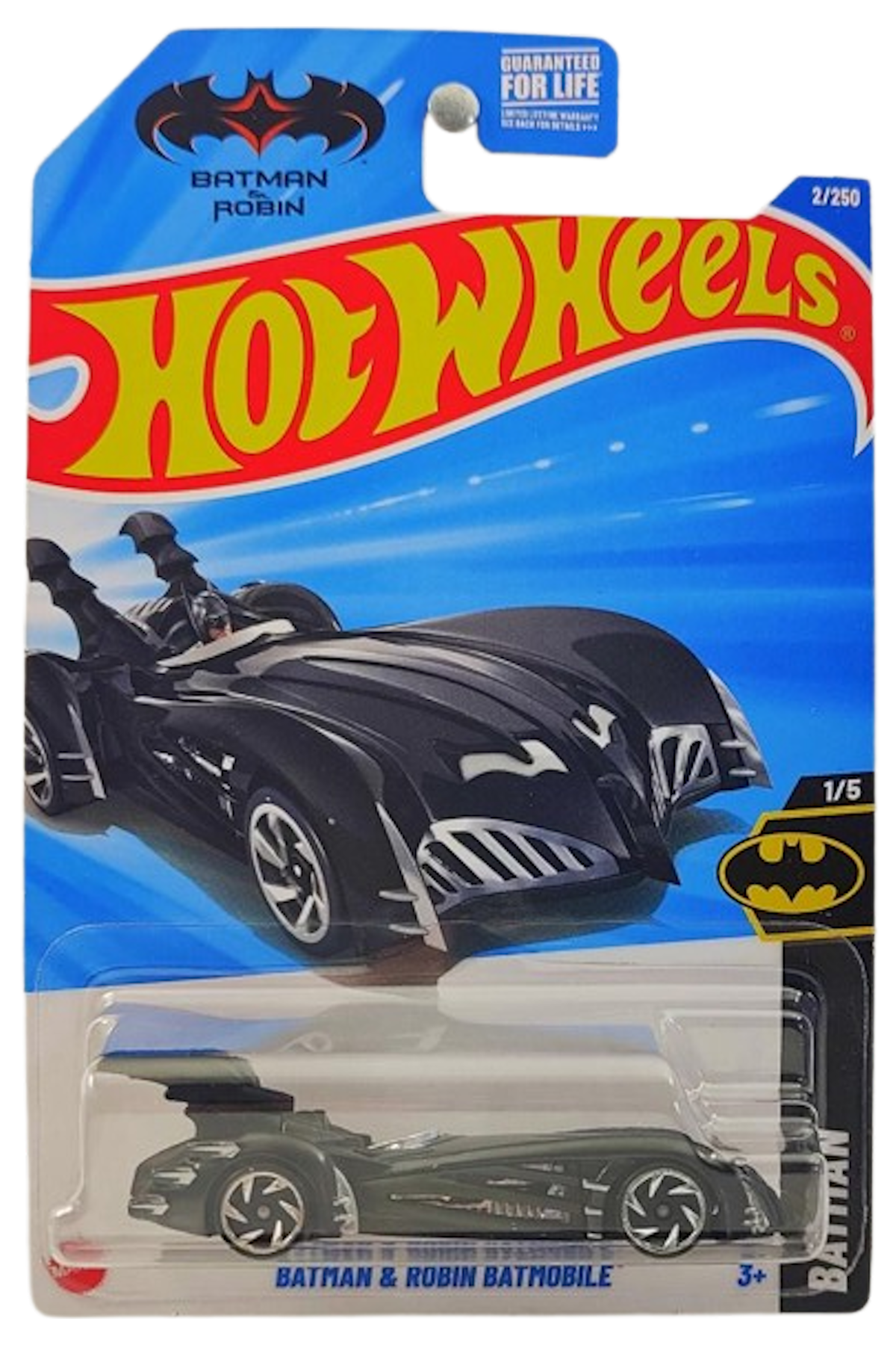 Hot Wheels 2025 - Collector # 002/250 - Batman 1/5 - Batman & Robin Batmobile - Black - USA 'Batman & Robin' Card