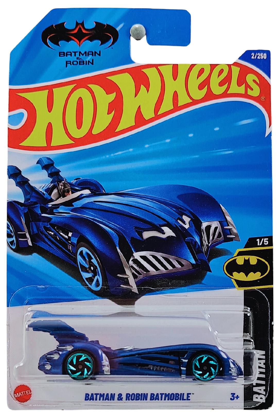 Hot Wheels 2025 - Collector # 002/250 - Batman 1/5 - Batman & Robin Batmobile - Metalflake Midnight Blue - International 'Batman & Robin' Card