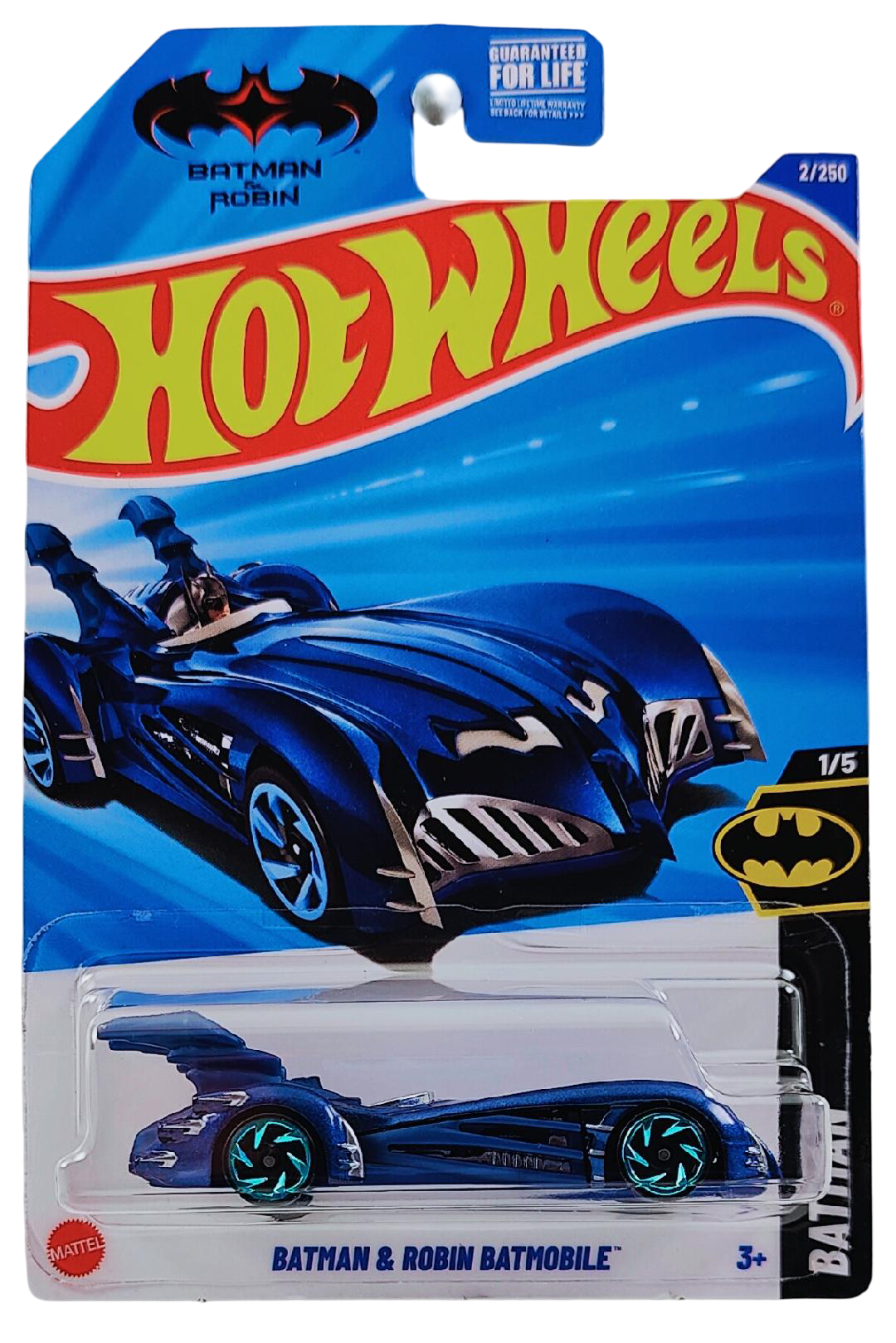 Hot Wheels 2025 - Collector # 002/250 - Batman 1/5 - Batman & Robin Batmobile - Metalflake Midnight Blue - USA 'Batman & Robin' Card