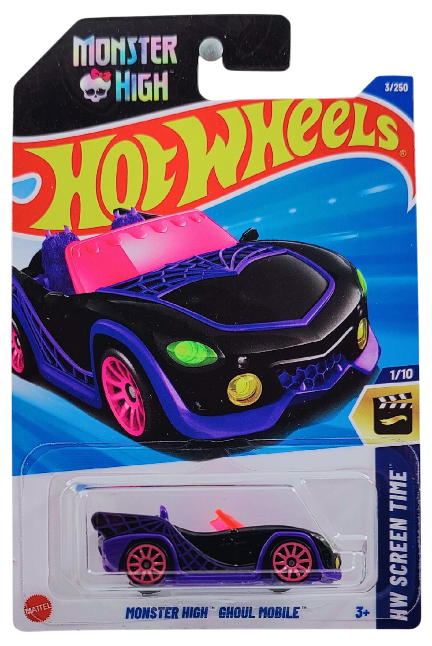 Hot Wheels 2025 - Collector # 003/250 - HW Screen Time 1/10 - Monster High Ghoul Mobile - Black - Pink 10 Spoke Wheels - International 'Monster High' Card