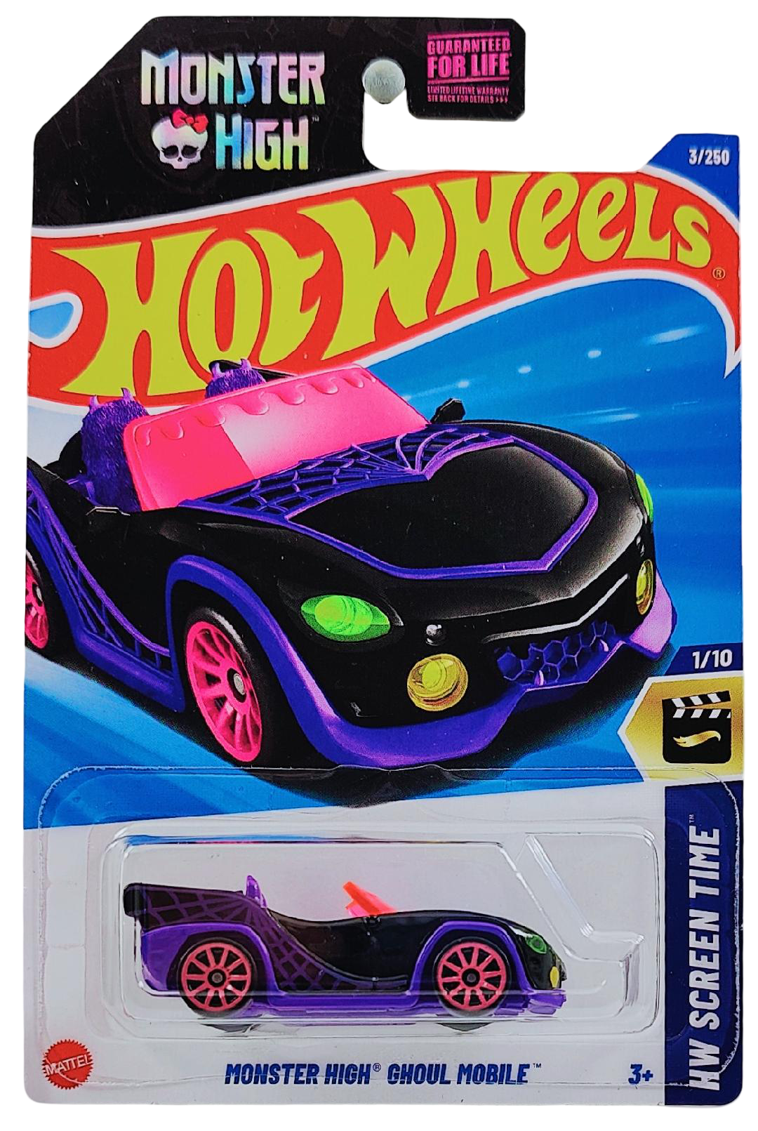 Hot Wheels 2025 - Collector # 003/250 - HW Screen Time 1/10 - Monster High Ghoul Mobile - Black - Pink 10 Spoke Wheels - USA 'Monster High' Card