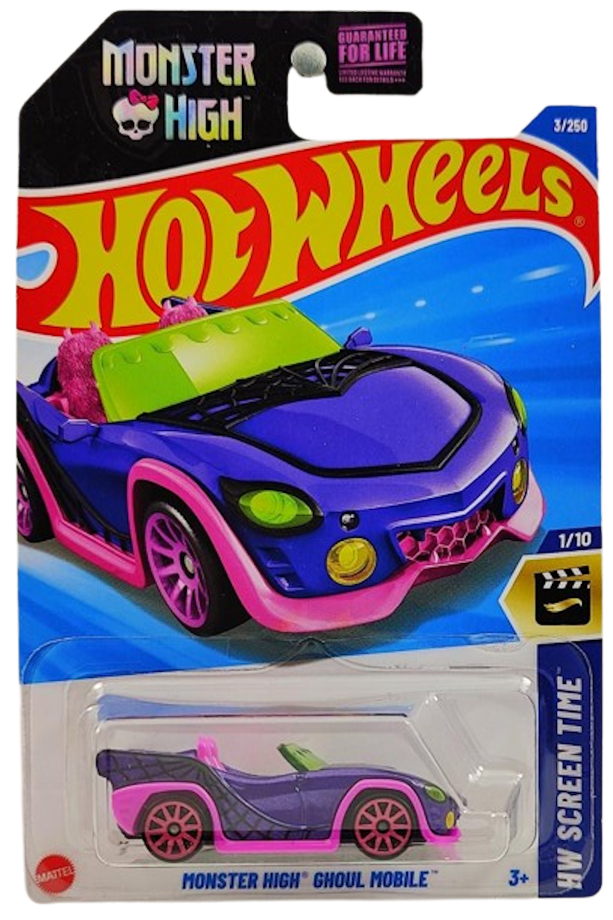 Hot Wheels 2025 - Collector # 003/250 - HW Screen Time 1/10 - Monster High Ghoul Mobile - Purple - Pink 10 Spoke Wheels - USA 'Monster High' Card