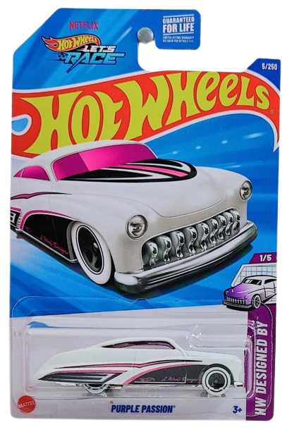 Hot Wheels 2025 - Collector # 005/250 - HW Designed By 1/5 - Purple Passion - White / 'L Wood Design' - USA 'Let's Race' Card