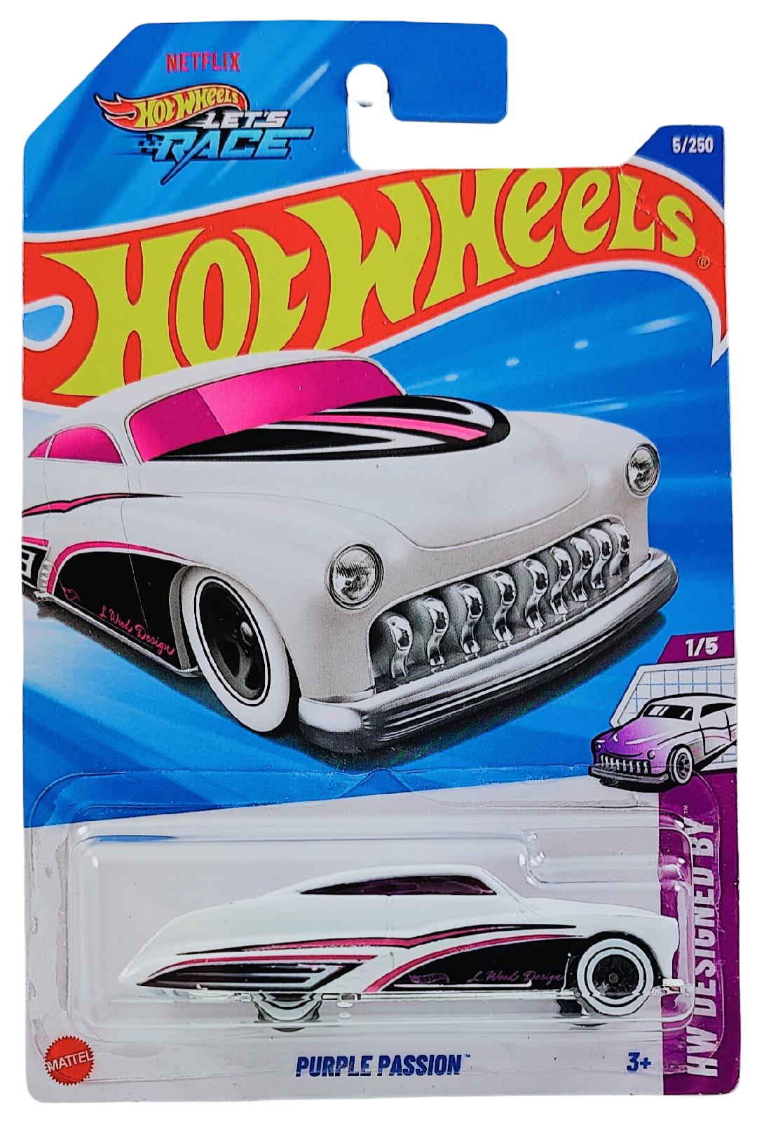 Hot Wheels 2025 - Collector # 005/250 - HW Designed By 1/5 - Purple Passion - White / 'L Wood Design' - International 'Let's Race' Card
