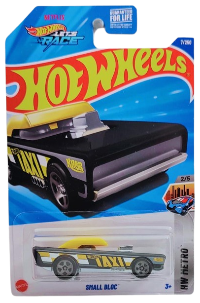 Hot Wheels 2025 - Collector # 007/250 - HW Metro 2/5 - Small Bloc - Black / Yellow Roof / Taxi - USA 'Let's Race' Card