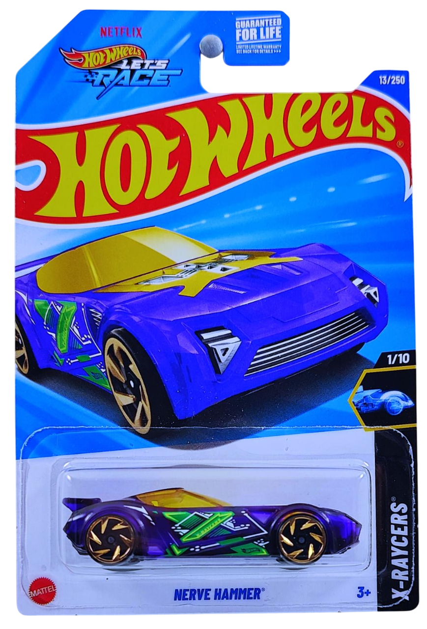 Hot Wheels 2025 - Collector # 013/250 - X-Raycers 1/10 - Nerve Hammer - Purple / Yellow Windows - USA 'Let's Race' Card