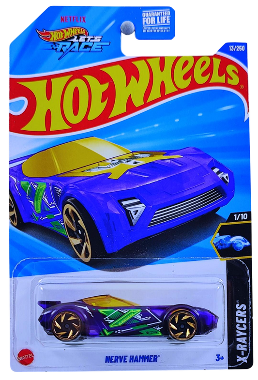 Hot Wheels 2025 - Collector # 013/250 - X-Raycers 1/10 - Nerve Hammer - Purple / Yellow Windows - USA 'Let's Race' Card