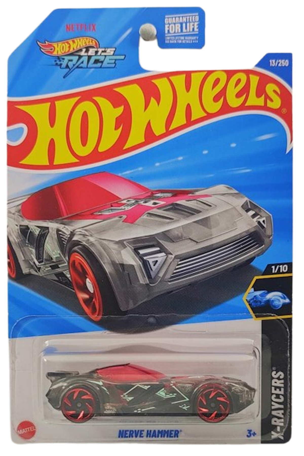 Hot Wheels 2025 - Collector # 013/250 - X-Raycers 1/10 - Nerve Hammer - Transparent / Red Windows - USA 'Let's Race' Card