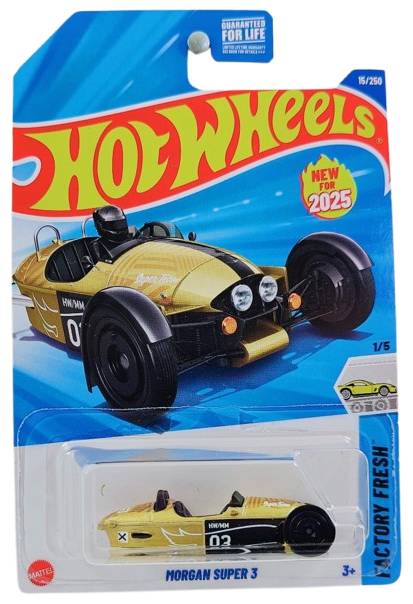 Hot Wheels 2025 - Collector # 015/250 - Factory Fresh 1/5 - New Models - Morgan Super 3 - Gold Metalflake / #03 - Kroger Exclusive - USA Card
