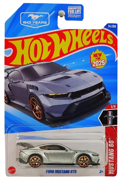 Hot Wheels 2025 - Collector # 034/250 - Mustang 60th 1/5 - New Models - Ford Mustang GTD - Metalflake Silver - USA '60 Years' Card