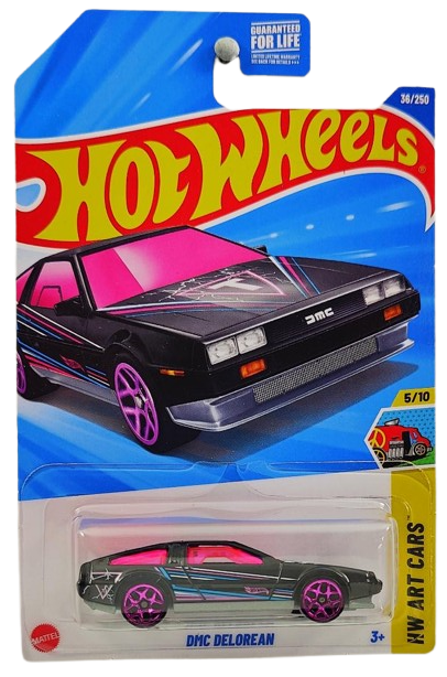 Hot Wheels 2025 - Collector # 036/250 - HW Art Cars 5/10 - DMC Delorean - Black / Multi-Colored Pinstripes / "T" on Hood - USA Card