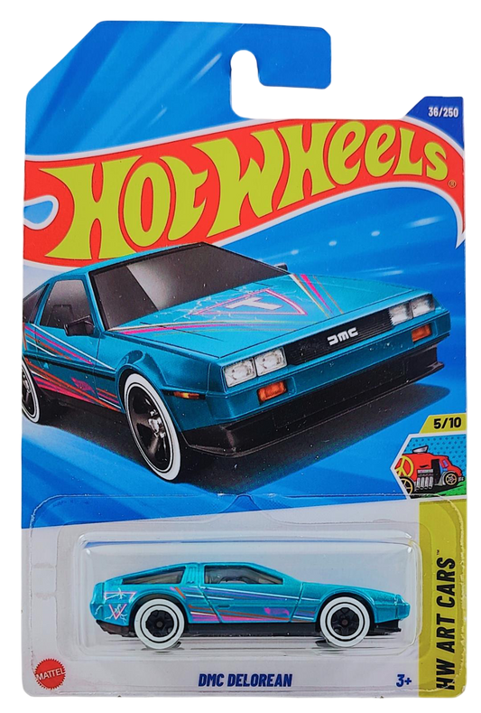 Hot Wheels 2025 - Collector # 036/250 - HW Art Cars 5/10 - DMC Delorean - Turquoise Pearl / Pink & White Pinstripes / "T" on Hood - International Card