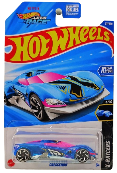 Hot Wheels 2025 - Collector # 037/250 - X-Raycers 3/10 - Crescendo - Transparent Blue - USA 'Let's Race' Card