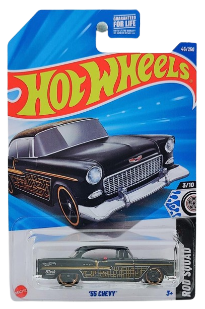 Hot Wheels 2025 - Collector # 045/250 - Rod Squad 3/10 - '55 Chevy - Black / Gold Pinstripes - USA Card
