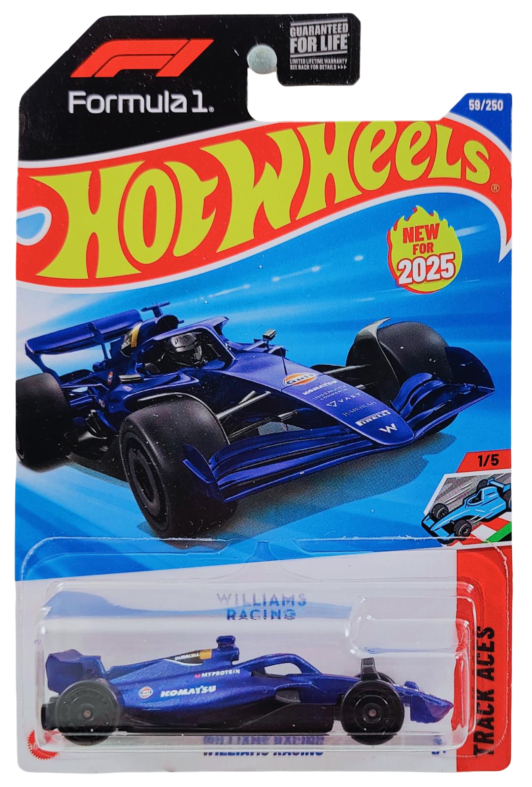 Hot Wheels 2025 - Collector # 059/250 - Track Aces 1/5 - New Models - Williams Racing - Satin Dark Blue / Racing Graphics - Black Aero Disc Wheels - USA 'Formula 1' Card