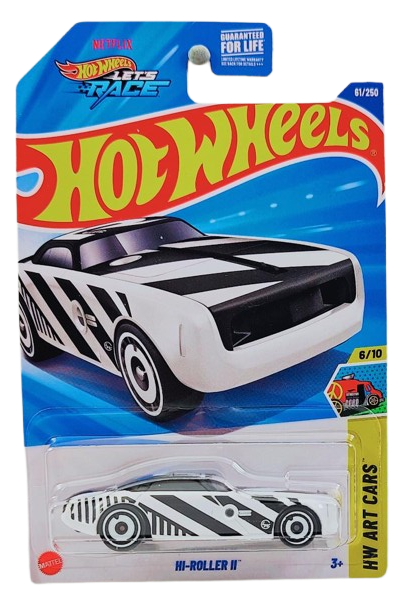 Hot Wheels 2025 - Collector # 061/250 - HW Art Cars 6/10 - Hi-Roller II - White with Black Stripes / "R" on Roof - USA Card