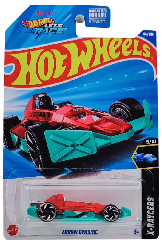 Hot Wheels 2025 - Collector # 084/250 - X-Raycers 5/10 - Arrow Dynamic - Transparent Pink Top over Aqua Base - RAV6 Wheels - USA 'Let's Race' Card