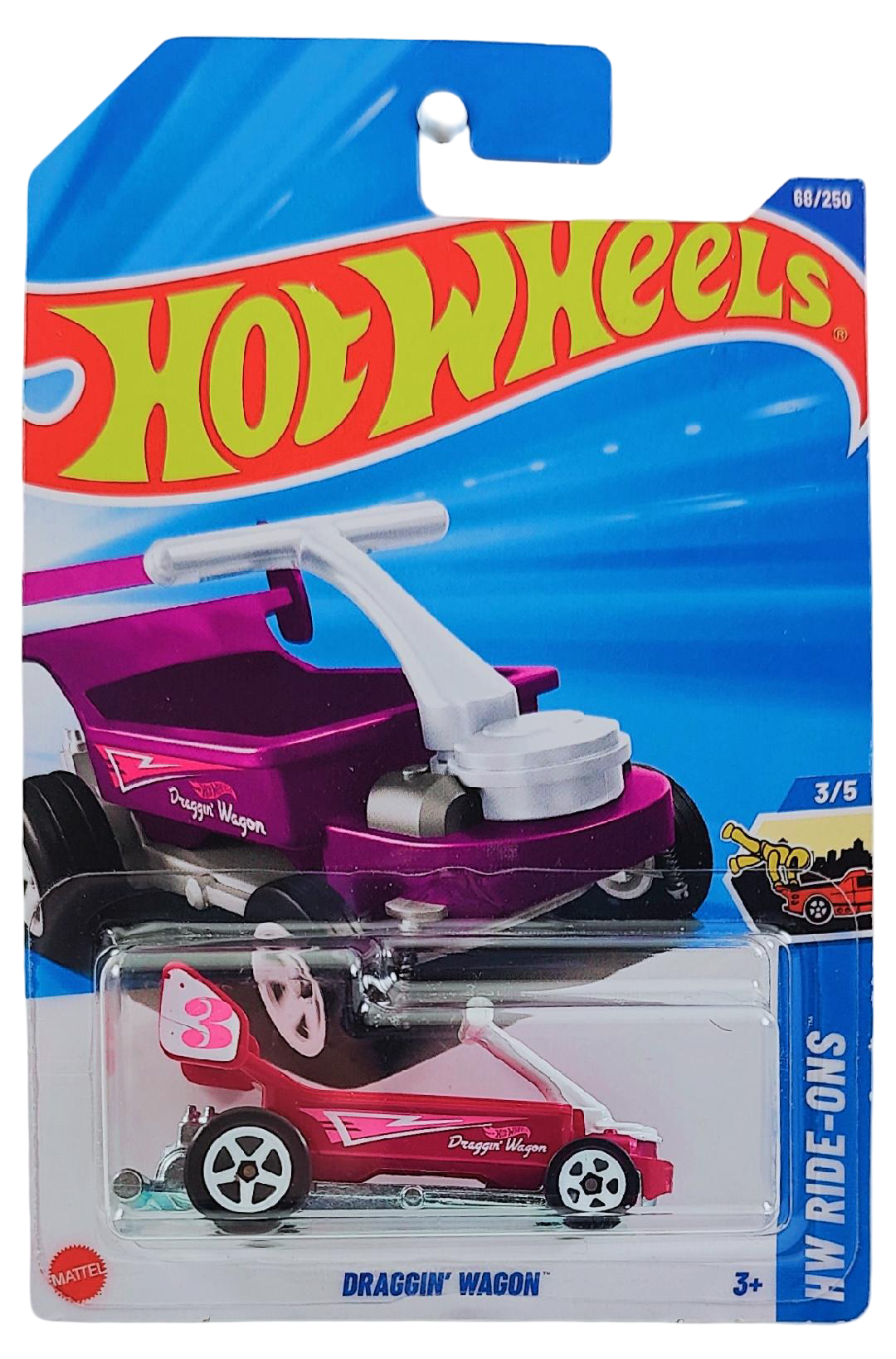 Hot Wheels 2025 - Collector # 068/250 - HW Ride-Ons 3/5 - Draggin' Wagon - Purple - White 5 Spokes - International Card