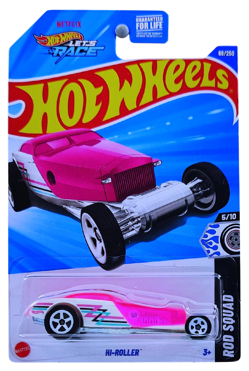 Hot Wheels 2025 - Collector # 069/250 - Rod Squad 5/10 - Hi-Roller - White Body / Transparent Pink Trunk, Roof & Hood - USA Card