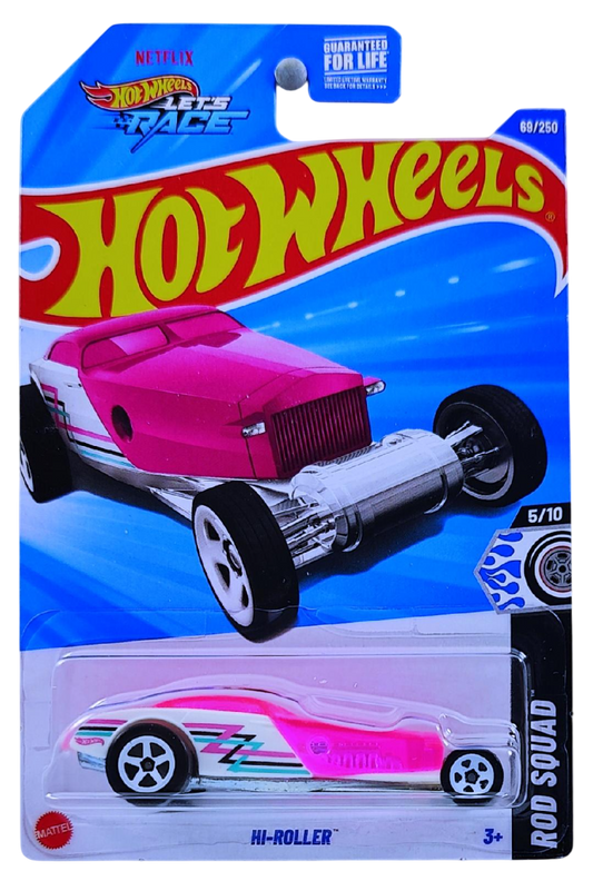 Hot Wheels 2025 - Collector # 069/250 - Rod Squad 5/10 - Hi-Roller - White Body / Transparent Pink Trunk, Roof & Hood - USA Card