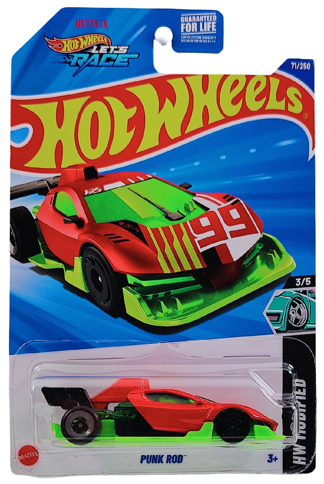 Hot Wheels 2025 - Collector # 071/250 - HW Modified 3/5 - Punk Rod - Red Body / #99 on Front Deck / Bright Green Base - USA 'Let's Race' Card
