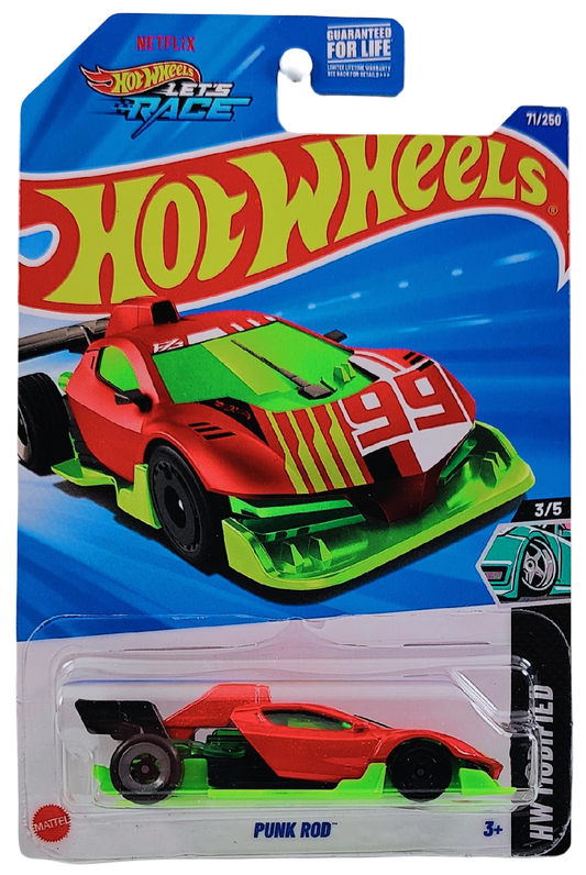 Hot Wheels 2025 - Collector # 071/250 - HW Modified 3/5 - Punk Rod - Red Body / #99 on Front Deck / Bright Green Base - USA 'Let's Race' Card
