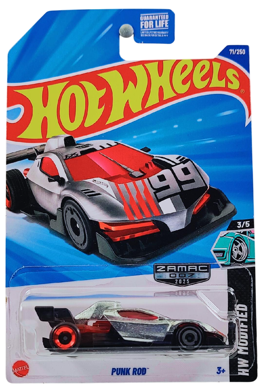 Hot Wheels 2025 - Collector # 071/250 - HW Modified 3/5 - ZAMAC 007 - Punk Rod - ZAMAC Body / #99 on Front Deck / Black Base - Walmart Exclusive - USA Card