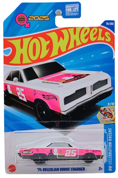 Hot Wheels 2025 - Collector # 076/250 - HW Celebration Racers 3/10 / International Women's Day - 1974 Brazilian Dodge Charger - White, Pink & Black / #25 - USA Card