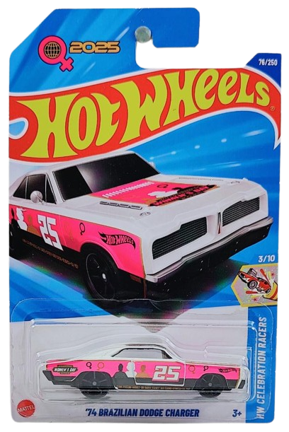 Hot Wheels 2025 - Collector # 076/250 - HW Celebration Racers 3/10 / International Women's Day - 1974 Brazilian Dodge Charger - White, Pink & Black / #25 - International Card