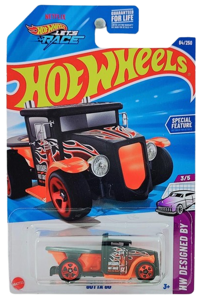 Hot Wheels 2025 - Collector # 084/250 - HW Design By 3/5 - Gotta Go - Matte Black over Orange - USA 'Let's Race' Card
