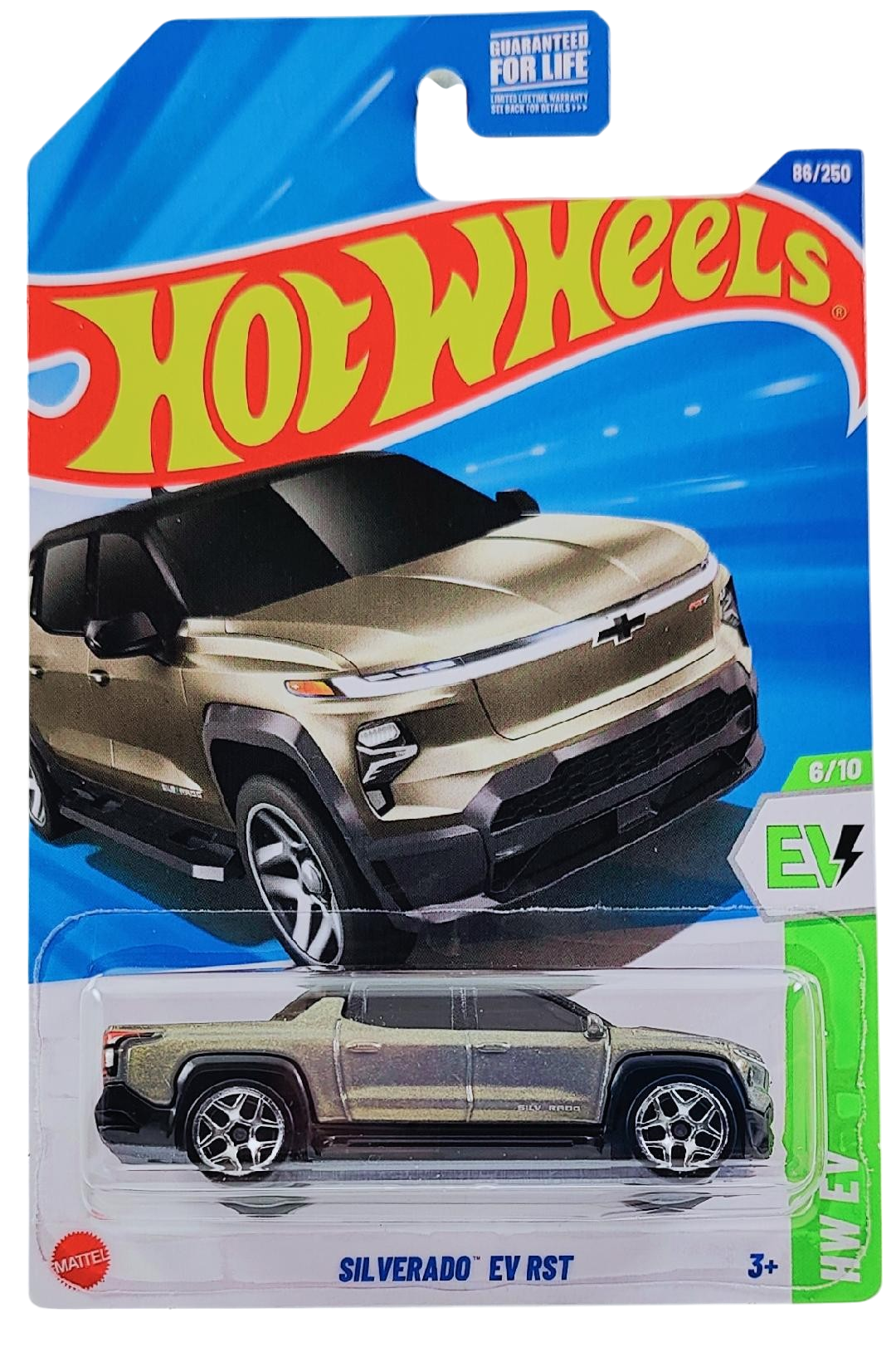 Hot Wheels 2025 - Collector # 086/250 - HW EV 6/10 - Silverado EV RST - Pearl Silver Ice Metalflake / Black Roof - Dollar Tree & Family Dollar Exclusives - USA Card
