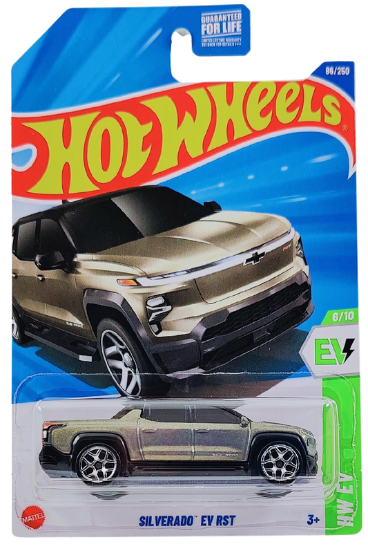 Hot Wheels 2025 - Collector # 086/250 - HW EV 6/10 - Silverado EV RST - Pearl Silver Ice Metalflake / Black Roof - Dollar Tree & Family Dollar Exclusives - USA Card