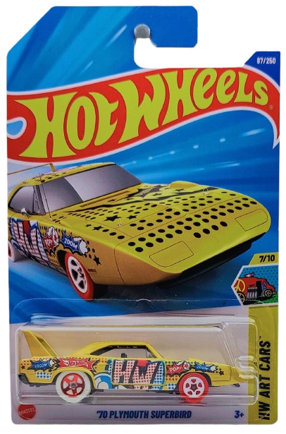 Hot Wheels 2025 - Collector # 087/250 - HW Art Cars 7/10 - '70 Plymouth Superbird - Yellow / "O" on Roof - International Card