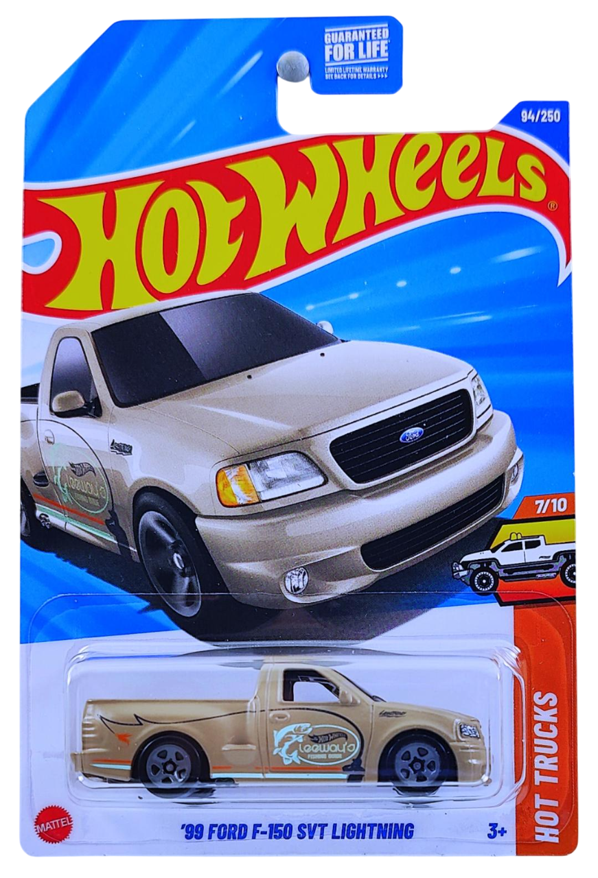 Hot Wheels 2025 - Collector # 094/250 - HW Hot Trucks 7/10 - '99 Ford F-150 SVT Lightning - Matte Beige / "Leeway's FISHING GUIDE" - USA Card