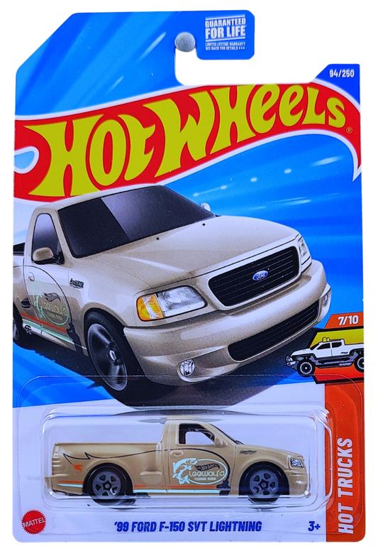 Hot Wheels 2025 - Collector # 094/250 - HW Hot Trucks 7/10 - '99 Ford F-150 SVT Lightning - Matte Beige / "Leeway's FISHING GUIDE" - USA Card
