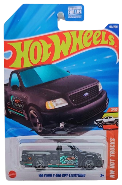 Hot Wheels 2025 - Collector # 094/250 - HW Hot Trucks 7/10 - '99 Ford F-150 SVT Lightning - Black / "Leeway's FISHING GUIDE" - USA Card