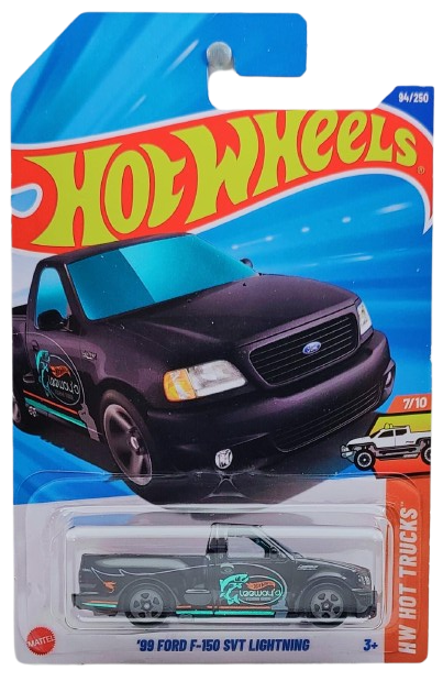 Hot Wheels 2025 - Collector # 094/250 - HW Hot Trucks 7/10 - '99 Ford F-150 SVT Lightning - Black / "Leeway's FISHING GUIDE" - International Card