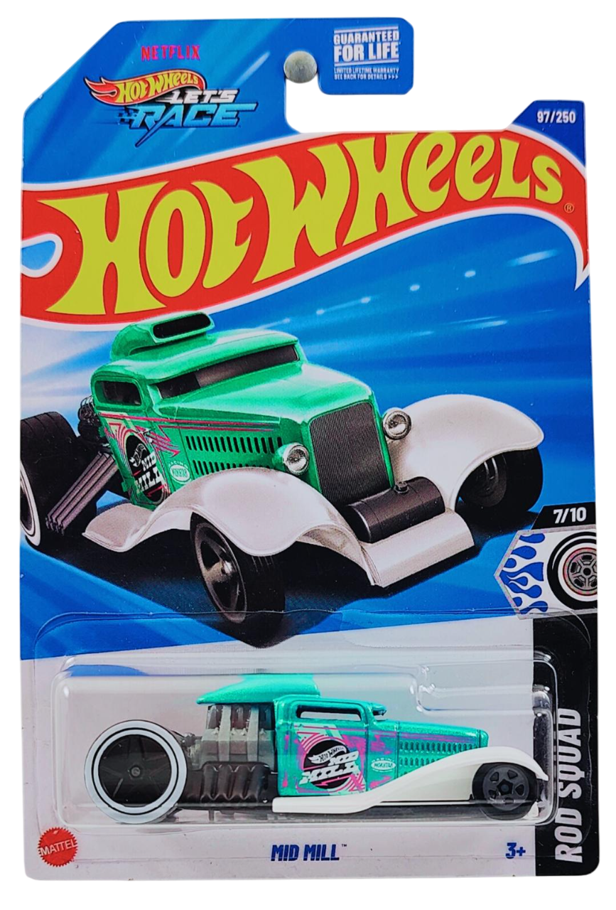 Hot Wheels 2025 - Collector # 097/250 - Rod Squad 7/10 - Mid Mill - Pearl Turquoise / "MID MILL"- USA 'Let's Race' Card