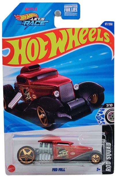 Hot Wheels 2025 - Collector # 097/250 - Rod Squad 7/10 - Mid Mill - Metalflake Red / "MID MILL"- USA 'Let's Race' Card