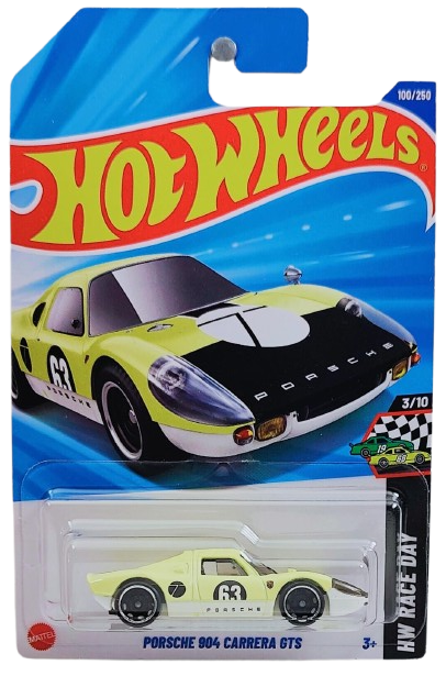 Hot Wheels 2025 - Collector # 100/250 - HW Race Day 3/10 - Porsche 904 Carrera GTS - Pale Yellow / #63 - International Card