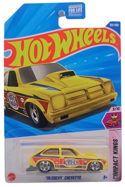 Hot Wheels 2025 - Collector # 102/250 - Compact Kings 3/10 - '76 Chevy Chevette - Yellow / NHRA - USA Card
