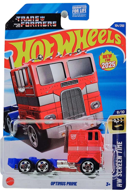 Hot Wheels 2025 - Collector # 104/250 - HW Screen Time 6/10 - New Models - Optimus Prime - Red / Blue - Retro Slot Wheels - USA 'Transformers' Card