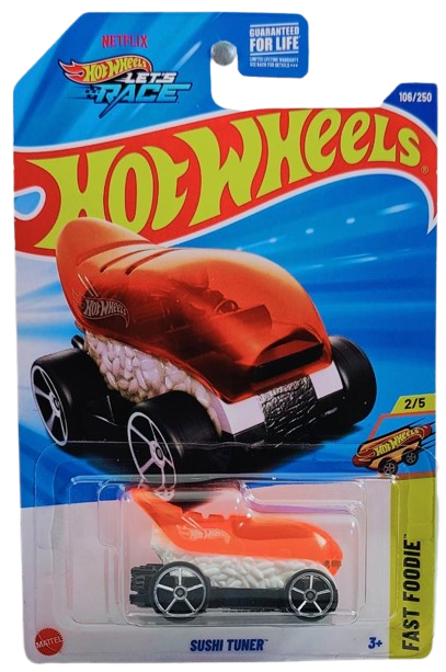 Hot Wheels 2025 - Collector # 106/250 - Fast Foodie 2/5 - Sushi Tuner - White / Bright Orange Window Dome - USA 'Let's Race' Card