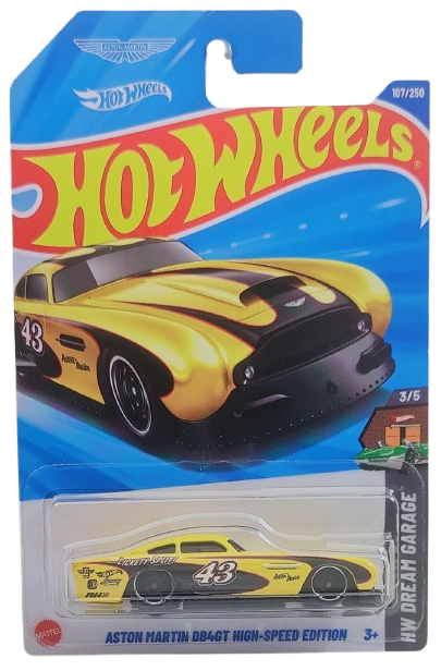 Hot Wheels 2025 - Collector # 107/250 - HW Dream Garage 3/5 - Aston Martin DB4GT High Speed Edition - Yellow / #43 / 'Lickety Split' - DD8 Wheels - International 'Aston Martin Logo' Card