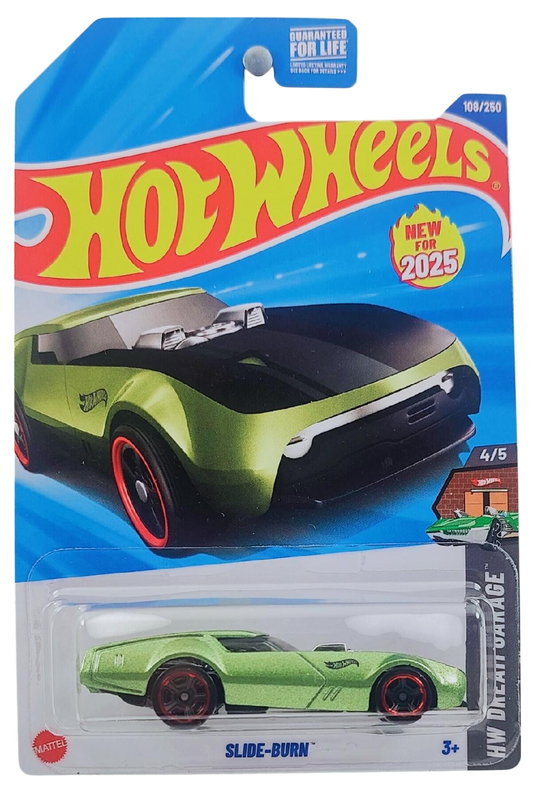 Hot Wheels 2025 - Collector # 108/250 - My Dream Garage 4/5 / New Models - Slide-Burn - Olive Green Metalflake / Black Hood - USA Card