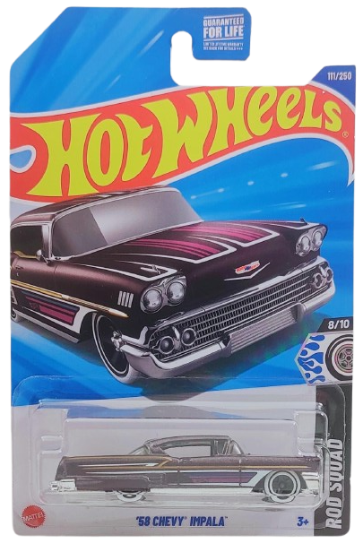 Hot Wheels 2025 - Collector # 111/250 - Rod Squad 8/10 - '58 Chevy Impala - Metalflake Wine / Scallops, Stripes and Pinstripes - B5SP Wheels on White Walls - USA Card