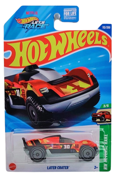 Hot Wheels 2025 - Collector # 112/250 - HW Reverse Rake 3/5 - Later Crater - Red / #30 - USA 'Let's Race' Card