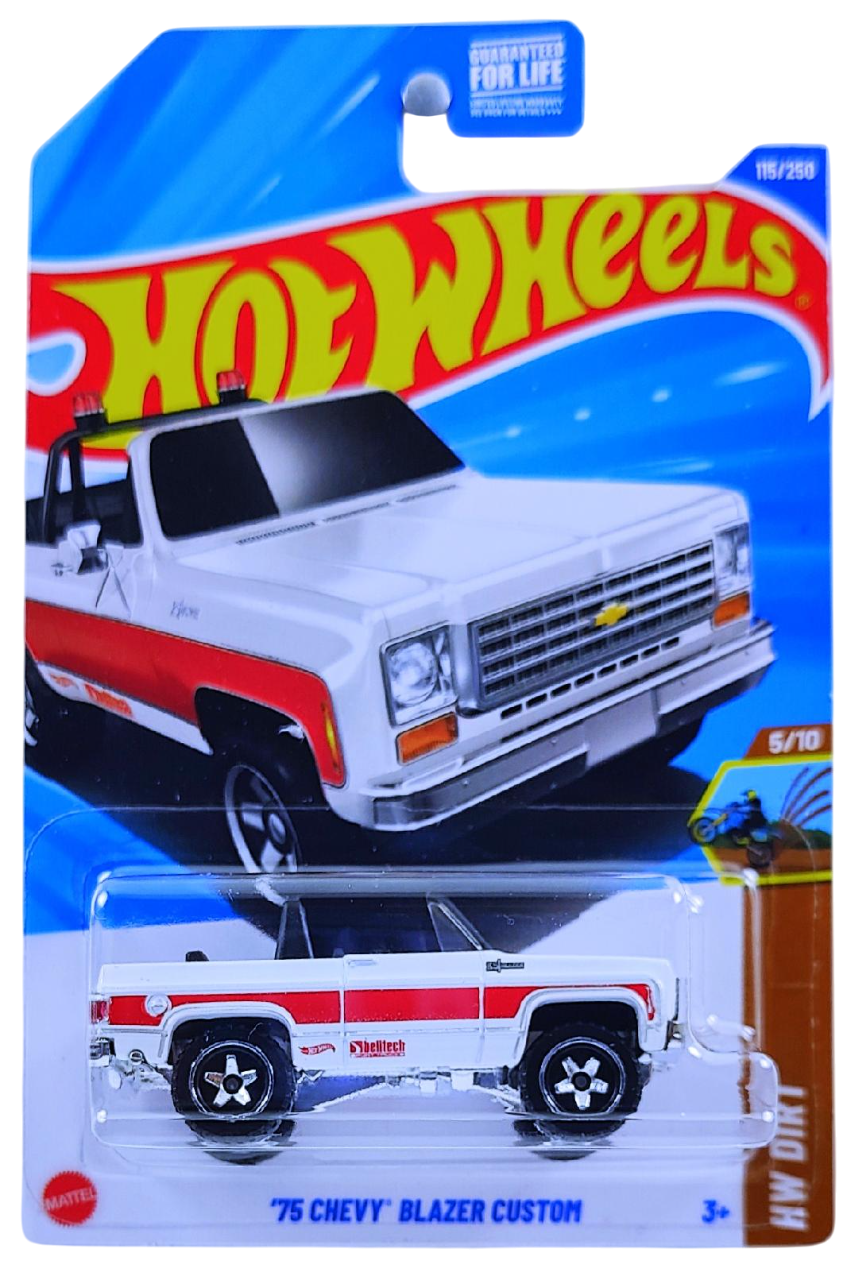 Hot Wheels 2025 - Collector # 115/250 - HW Dirt 5/10 - '75 Chevy Blazer Custom - White & Red - Baja 5 Wheels - USA Card
