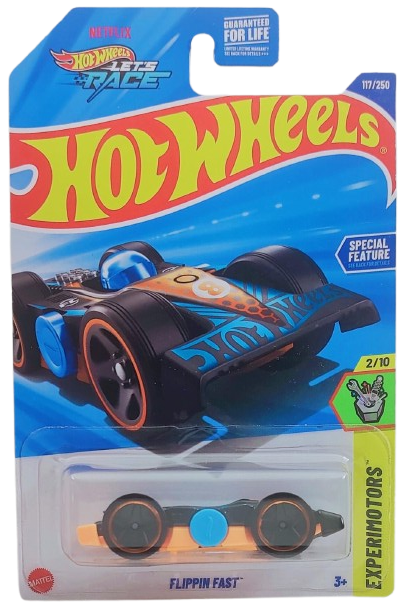 Hot Wheels 2025 - Collector # 117/250 - Experimotors 2/10 - Flippin Fast - Black over Orange - USA 'Let's Race' Card