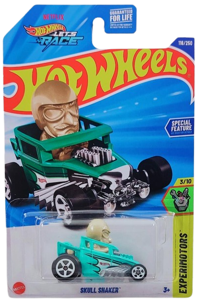 Hot Wheels 2025 - Collector # 118/250 - Experimotors 3/10 - Skull Shaker - Turquoise / Alabaster Figure - USA 'Let's Race' Card